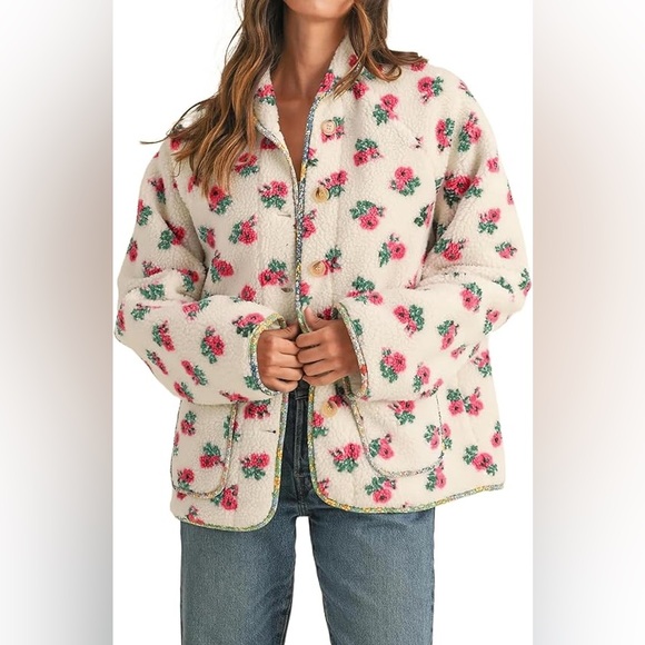 Anthropologie Jackets & Blazers - Floral Sherpa Teddy Jacket Cream Pink Green Button Front XS